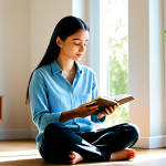 A calm individual, fully clothed in modest, comfortable attire, is seated peacefully in a sunlit, minimalist living space. The person is engaged in a mindful activity, such as quietly reading a physical book or practicing gentle meditation with closed eyes, with no digital devices in sight. The atmosphere radiates tranquility and a sense of detachment from the digital world. The background is clean and uncluttered, featuring soft, natural light, perhaps with a blurred view of lush greenery or a serene, decluttered room. Professional photography, high detail, perfect anatomy, correct proportions, natural pose, well-formed hands, proper finger count, natural body proportions, crisp focus, safe for work, appropriate content, fully clothed, family-friendly.