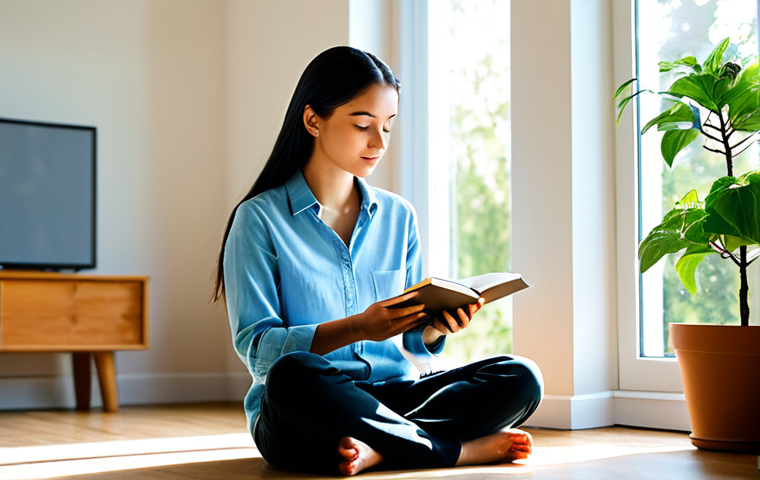A calm individual, fully clothed in modest, comfortable attire, is seated peacefully in a sunlit, minimalist living space. The person is engaged in a mindful activity, such as quietly reading a physical book or practicing gentle meditation with closed eyes, with no digital devices in sight. The atmosphere radiates tranquility and a sense of detachment from the digital world. The background is clean and uncluttered, featuring soft, natural light, perhaps with a blurred view of lush greenery or a serene, decluttered room. Professional photography, high detail, perfect anatomy, correct proportions, natural pose, well-formed hands, proper finger count, natural body proportions, crisp focus, safe for work, appropriate content, fully clothed, family-friendly.
