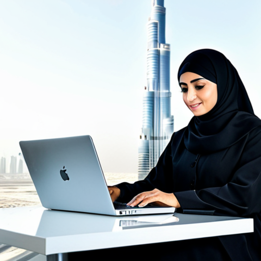 **
"A professional Arab businesswoman in a modest, well-tailored abaya and hijab, working on a laptop in a bright, modern office in Dubai, UAE, with the Burj Khalifa visible in the background. Fully clothed, appropriate attire, safe for work, perfect anatomy, natural proportions, professional photography, high quality, family-friendly."
**