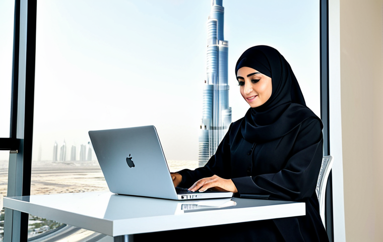 **
"A professional Arab businesswoman in a modest, well-tailored abaya and hijab, working on a laptop in a bright, modern office in Dubai, UAE, with the Burj Khalifa visible in the background. Fully clothed, appropriate attire, safe for work, perfect anatomy, natural proportions, professional photography, high quality, family-friendly."
**