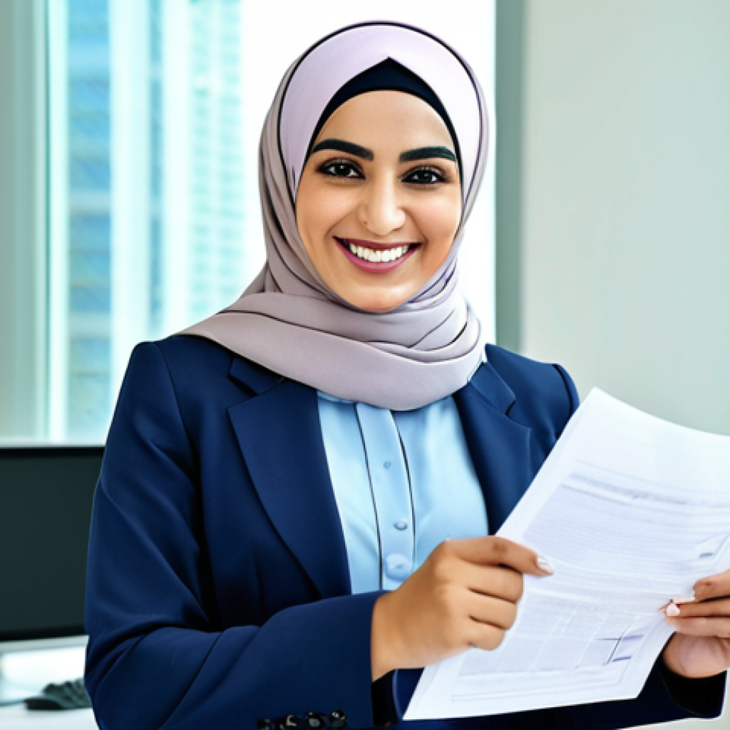**Prompt:** "A successful Arab businesswoman in a modern, brightly lit office in Dubai, wearing a professional, modest business suit and hijab, smiling confidently while reviewing documents, appropriate attire, safe for work, perfect anatomy, natural pose, professional photography, high quality, family-friendly."