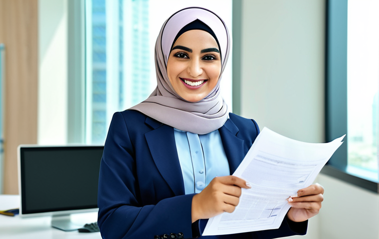 **Prompt:** "A successful Arab businesswoman in a modern, brightly lit office in Dubai, wearing a professional, modest business suit and hijab, smiling confidently while reviewing documents, appropriate attire, safe for work, perfect anatomy, natural pose, professional photography, high quality, family-friendly."