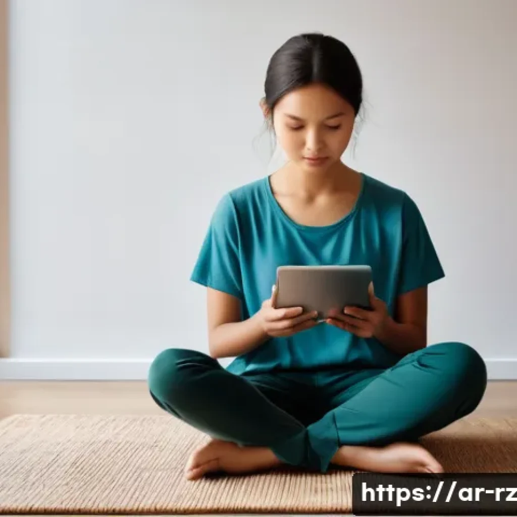 마인드풀테크 개발의 실제 사례 - **Prompt 1: Serene Digital Mindfulness**
"A young adult, dressed in comfortable, modest clothing...