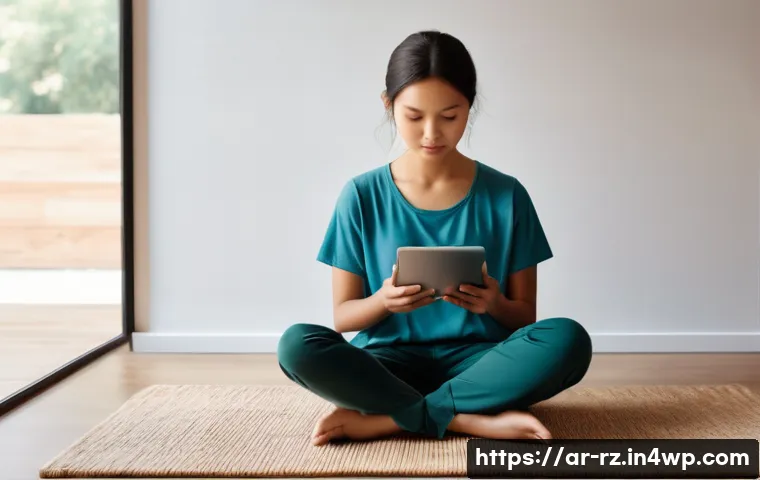 마인드풀테크 개발의 실제 사례 - **Prompt 1: Serene Digital Mindfulness**
    "A young adult, dressed in comfortable, modest clothing...