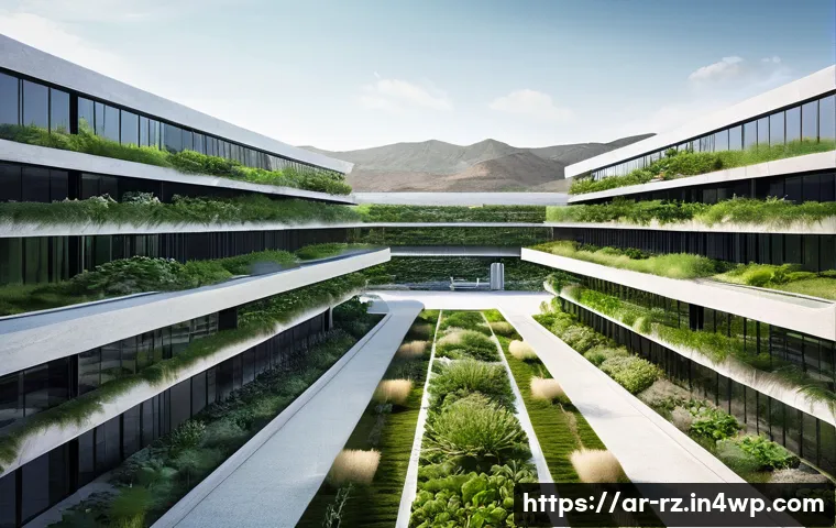 마인드풀테크 개발을 위한 자원 관리 - **Prompt:** A serene, futuristic data center seamlessly integrated into a lush natural landscape, po...