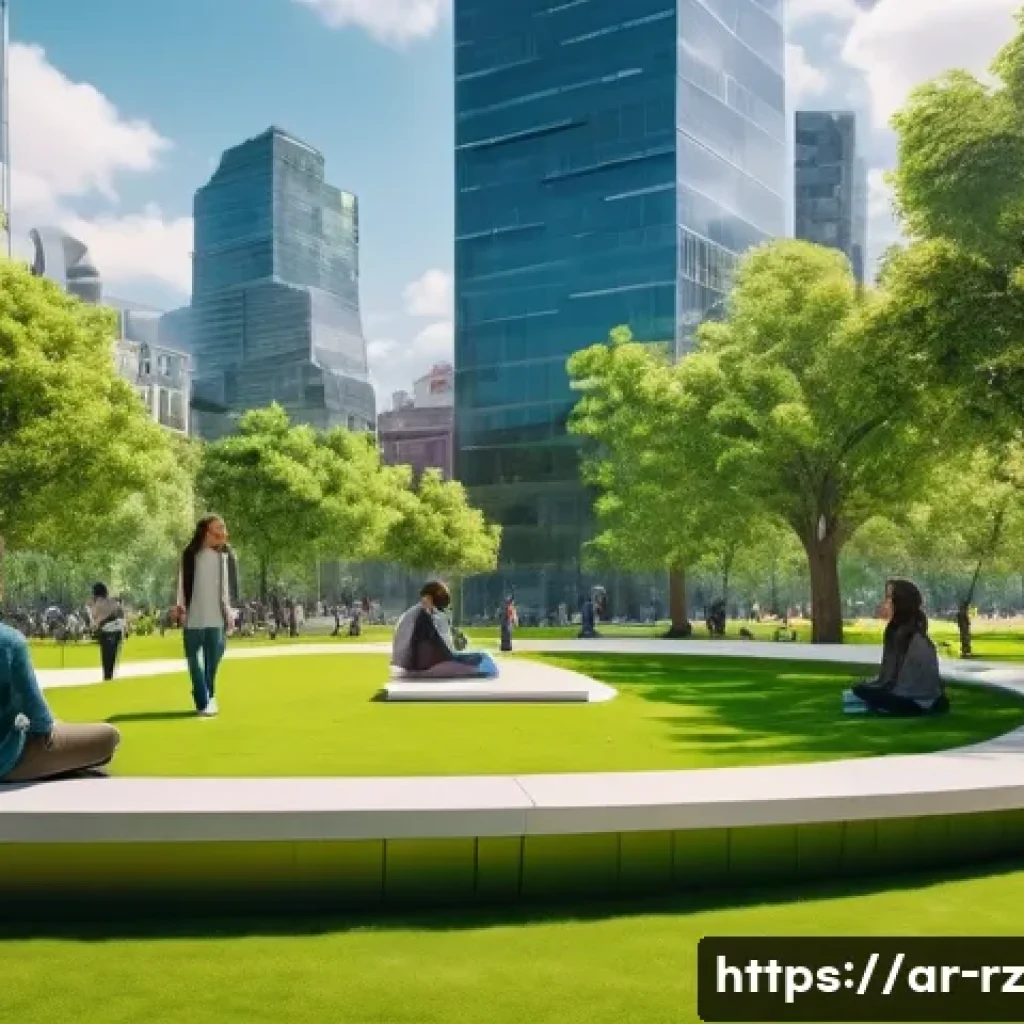 마인드풀테크의 국제적 사례 - **Conscious City - Green Digital Oasis**
A wide shot of a bustling yet serene smart city park, d...
