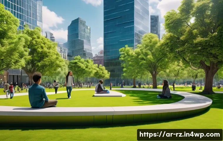 마인드풀테크의 국제적 사례 - **Conscious City - Green Digital Oasis**
    A wide shot of a bustling yet serene smart city park, d...