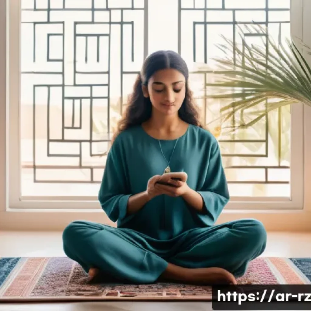 마인드풀테크의 장단점 - A serene Middle Eastern woman in modest, comfortable clothing practicing mindful meditation in a qui...