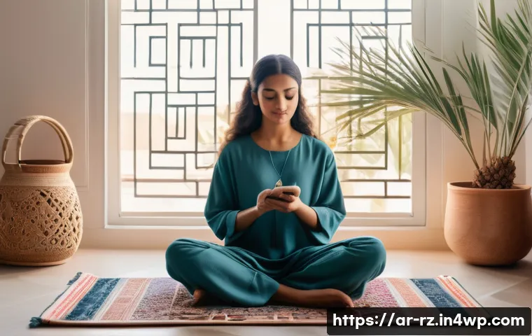 마인드풀테크의 장단점 - A serene Middle Eastern woman in modest, comfortable clothing practicing mindful meditation in a qui...