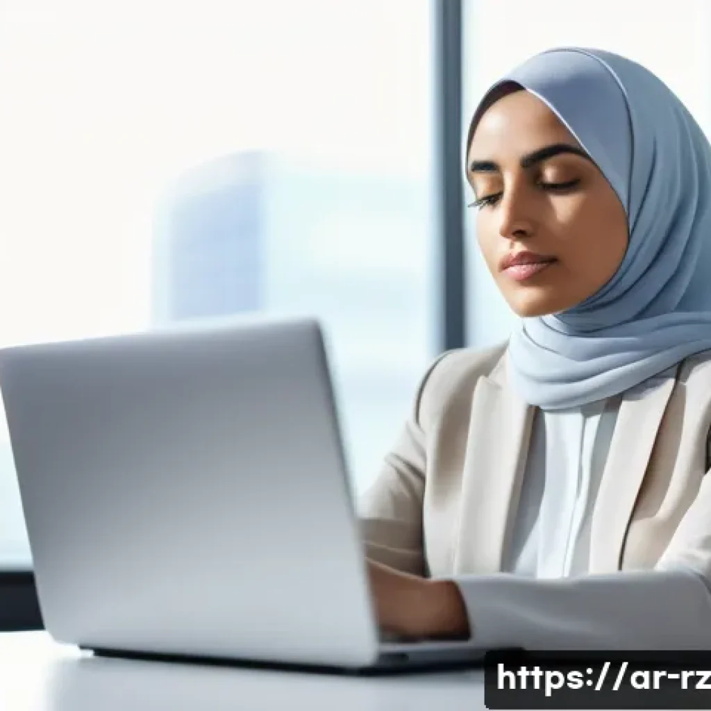 마인드풀테크와 직업 만족도 향상 - A professional Middle Eastern woman sitting calmly at her modern office desk practicing mindful brea...