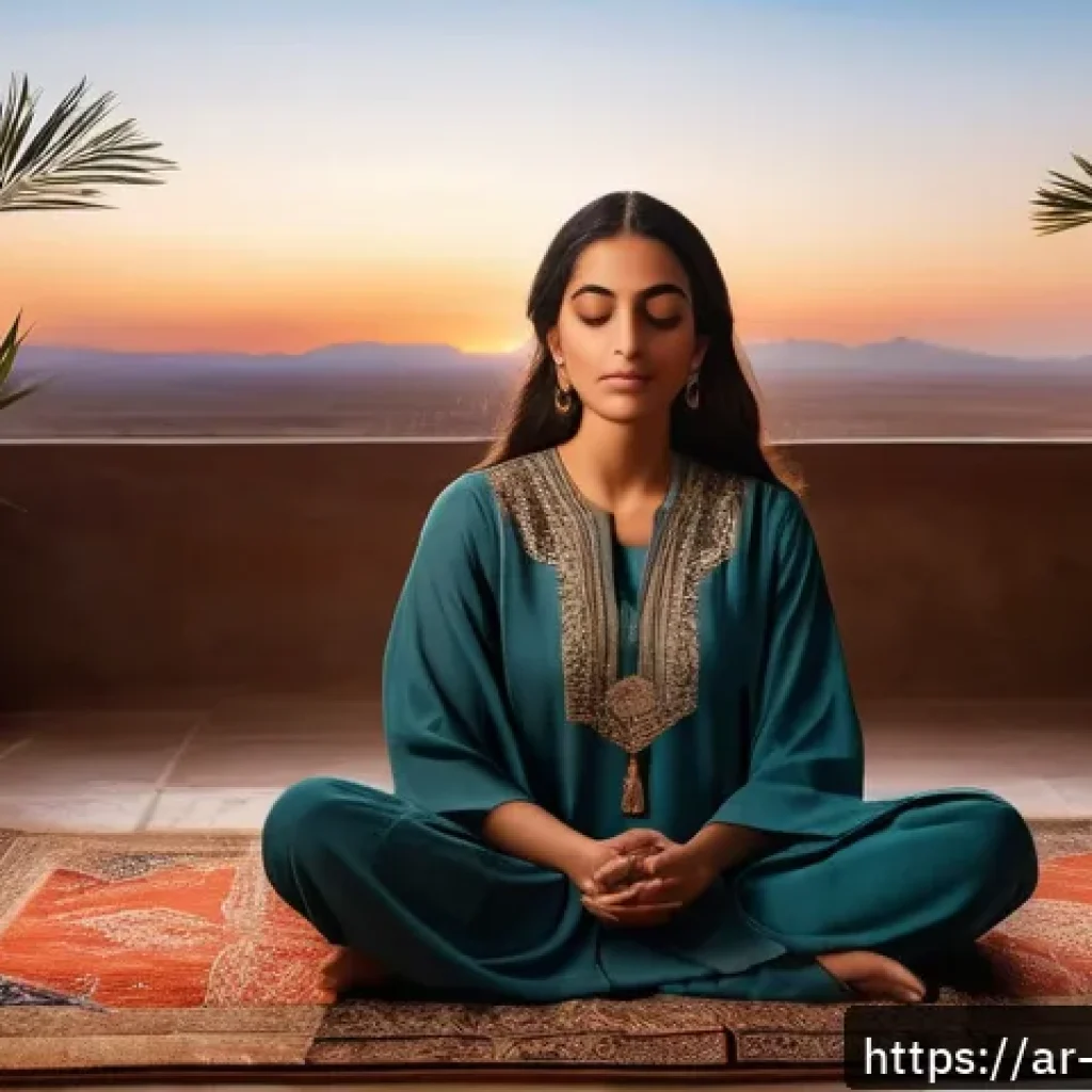 마인드풀테크와 정신 건강 - A serene Middle Eastern woman in modest, comfortable clothing sitting cross-legged on a traditional ...
