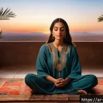 마인드풀테크와 정신 건강 - A serene Middle Eastern woman in modest, comfortable clothing sitting cross-legged on a traditional ...