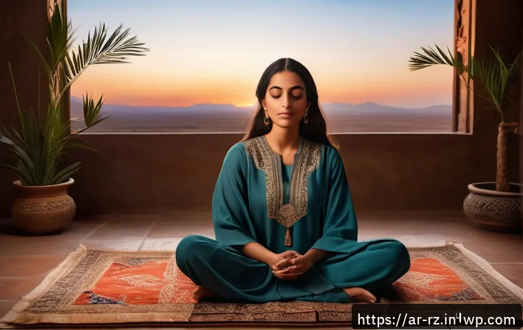 마인드풀테크와 정신 건강 - A serene Middle Eastern woman in modest, comfortable clothing sitting cross-legged on a traditional ...