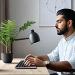 마인드풀테크와 감각 경험 - A serene modern Arab man practicing deep breathing exercises in a minimalist home office with soft n...