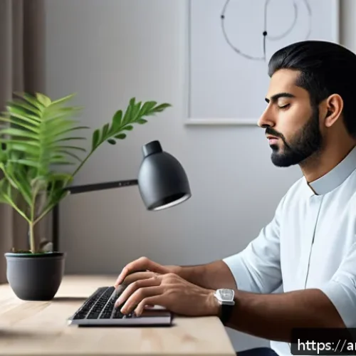 마인드풀테크와 감각 경험 - A serene modern Arab man practicing deep breathing exercises in a minimalist home office with soft n...