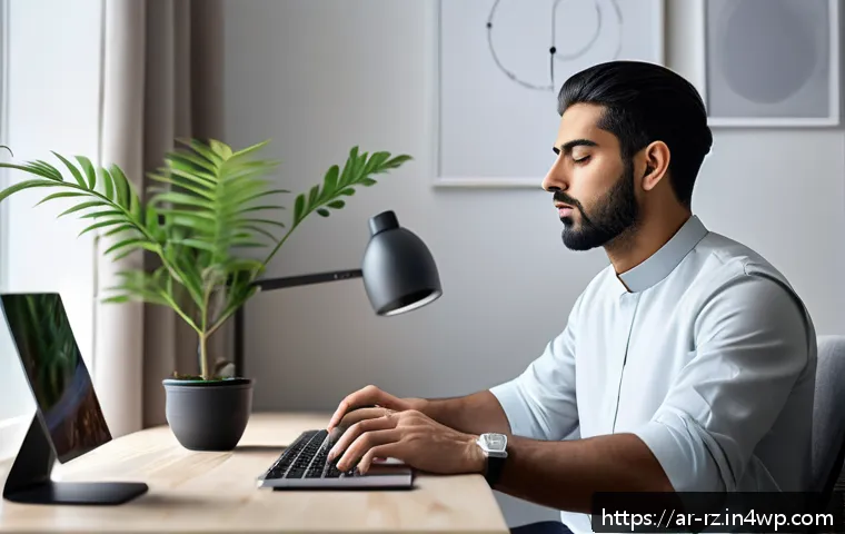 마인드풀테크와 감각 경험 - A serene modern Arab man practicing deep breathing exercises in a minimalist home office with soft n...