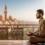 마인드풀테크와 긍정 심리학 - A serene morning scene featuring a Middle Eastern man in modest casual attire practicing guided medi...