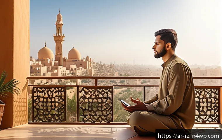 마인드풀테크와 긍정 심리학 - A serene morning scene featuring a Middle Eastern man in modest casual attire practicing guided medi...